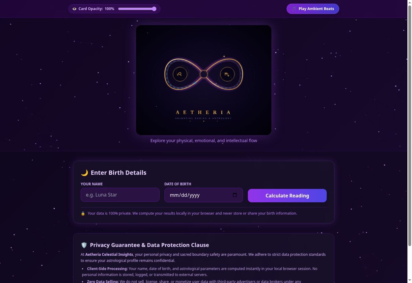 Aetheria celestial insights website index page