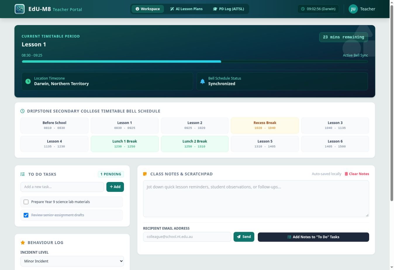 Edu-M8 Teacher Portal dashboard index page