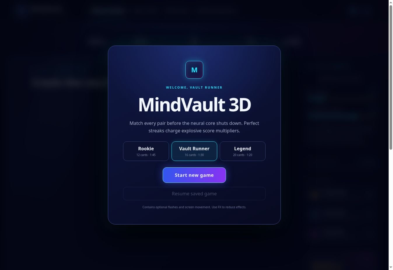 MindVault 3D brain training game index page