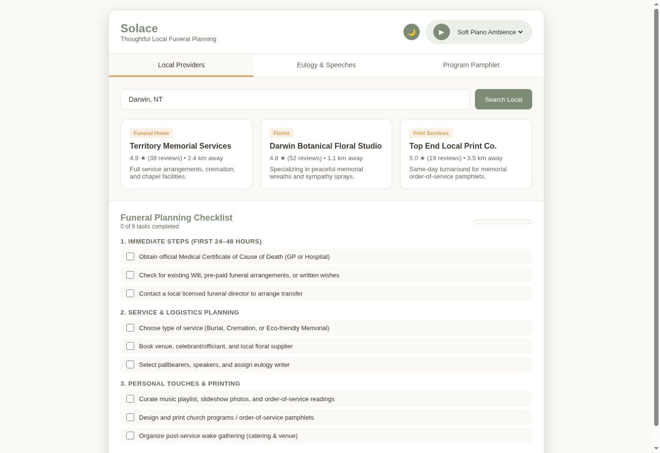 Solace Light funeral planning website index page